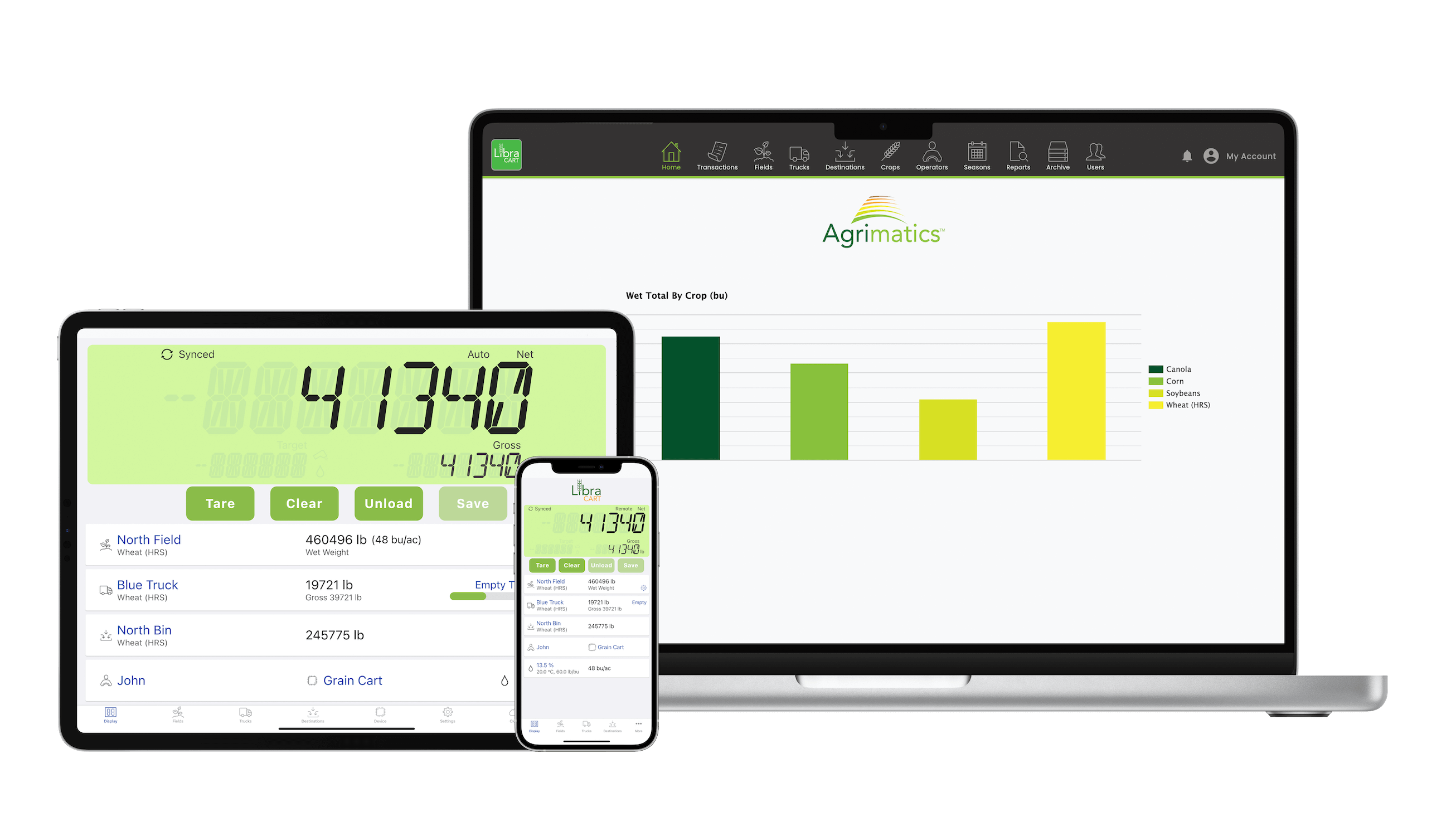 Grain cart app and desktop view showing scale weights, field and bin info on iPad, iPhone, and laptop.