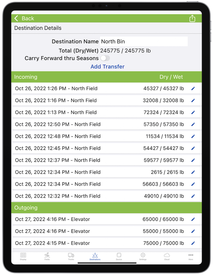 A Tablet which displays the Libra Cart App, showing bin and field data and more information.