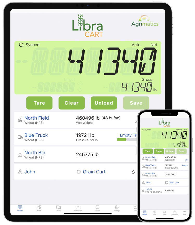 Agrimatics Software displayed on mobile phone and a tablet. The display shows cart weights, field information, bin information and more.