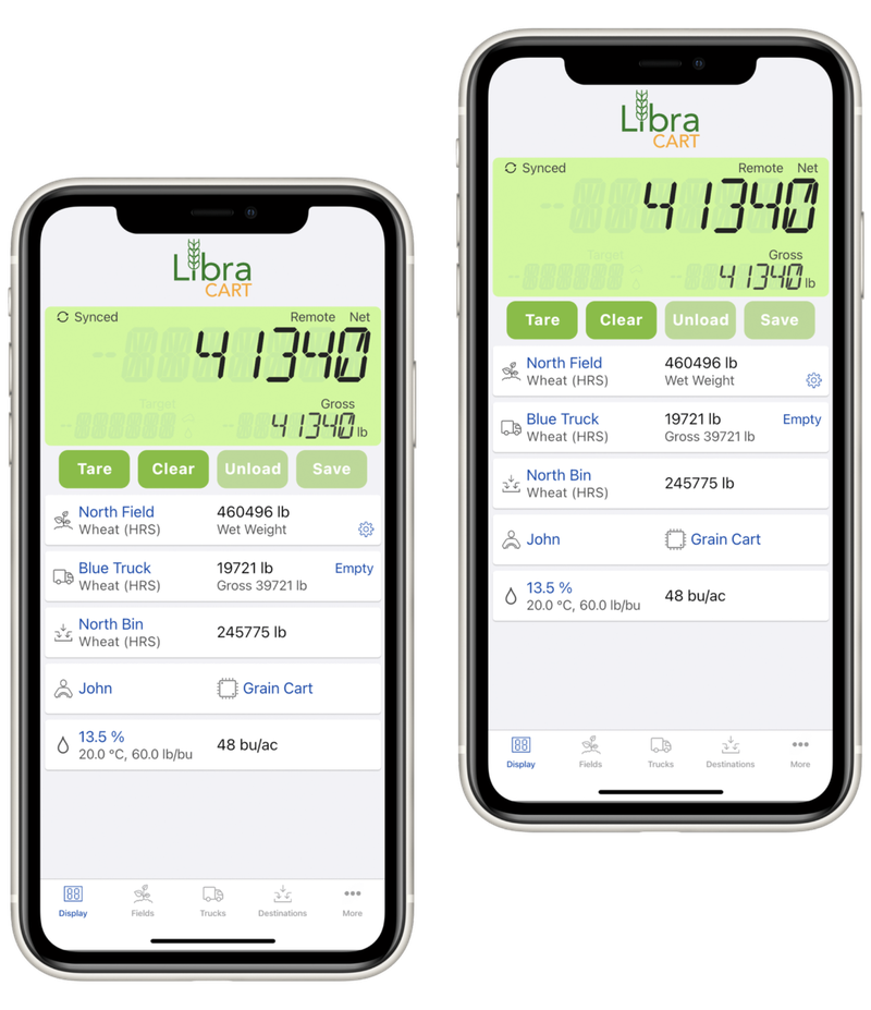 Two smartphones showing the Libra Cart App, displaying information about grain cart scale weight, field and truck information and more.